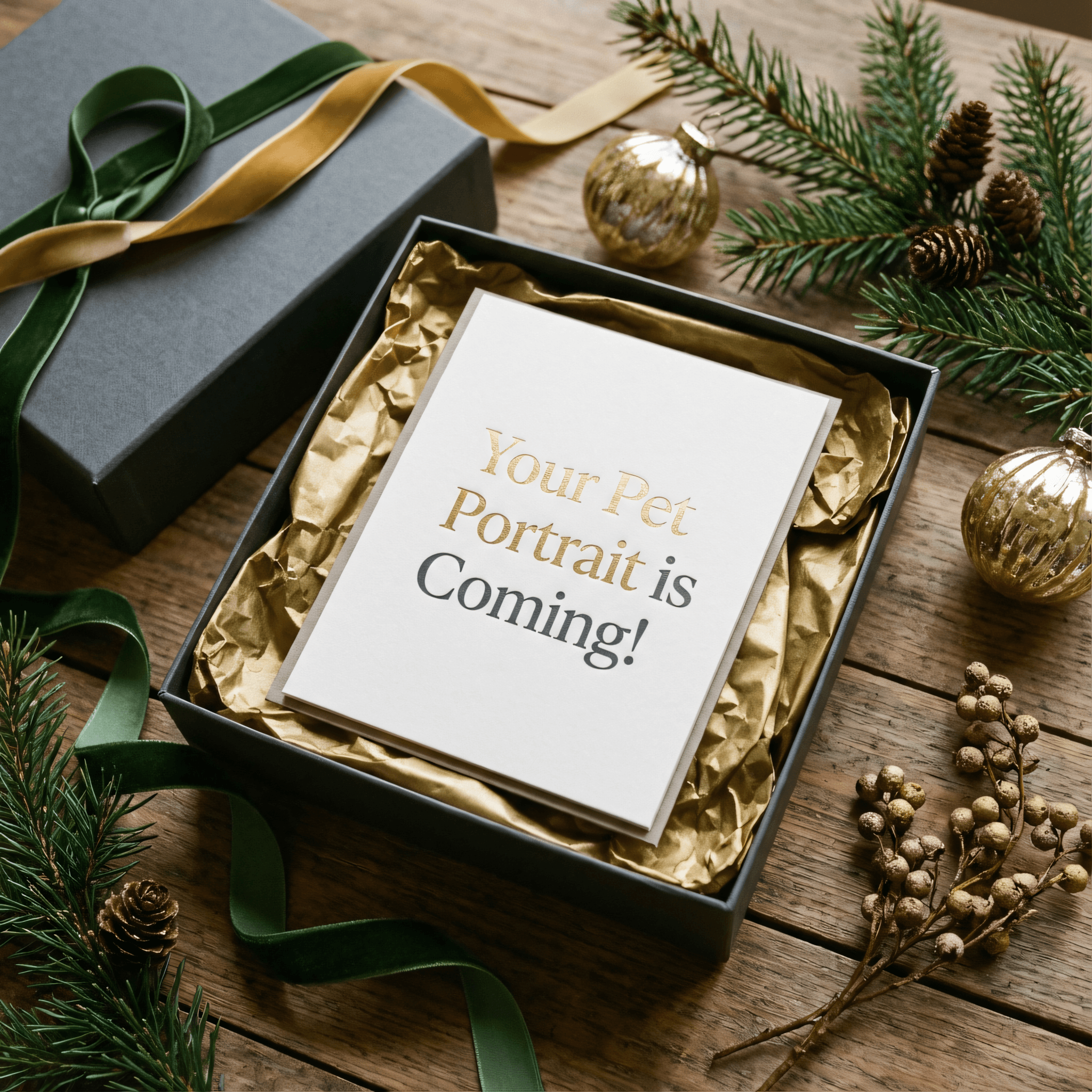 Flatlay of a gift box with gold tissue paper and a printed card saying Your Pet Portrait is Coming with Christmas decorations Caption: You can create a premium unboxing experience even with a digital gift.