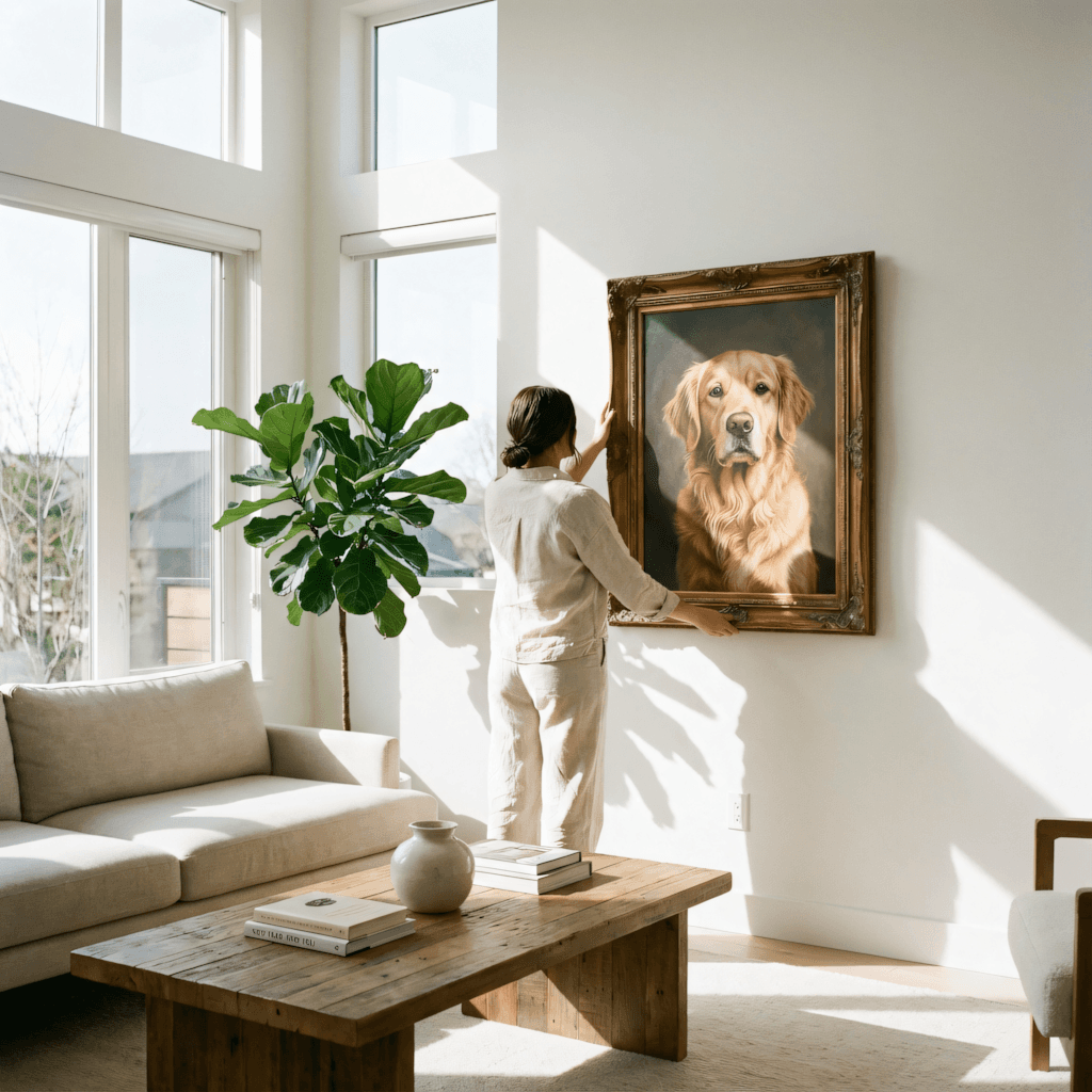 Woman hanging a large framed golden retriever portrait in a modern minimalist living room