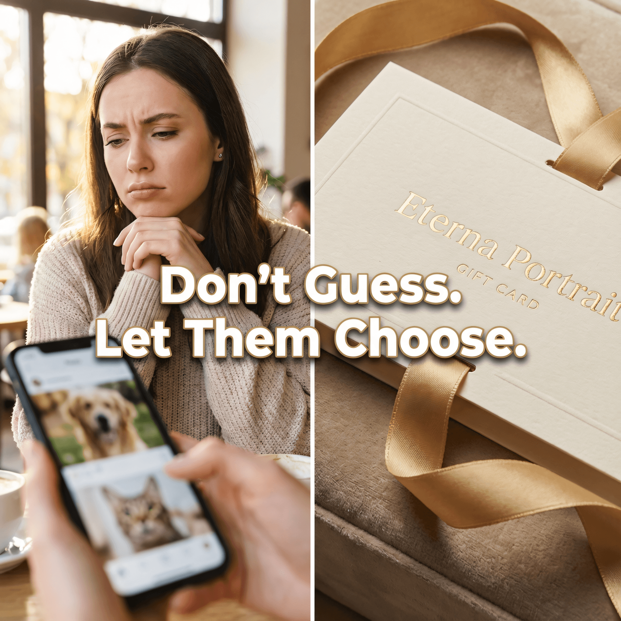 Split screen showing confused person looking at photos vs a premium Eterna Portrait Gift Card