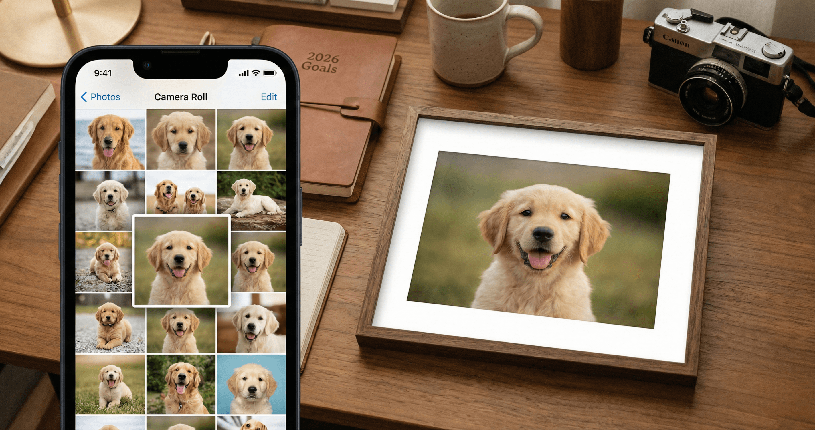 Smartphone showing digital pet photos next to a framed golden retriever portrait on a desk, illustrating post-holiday photo organization.